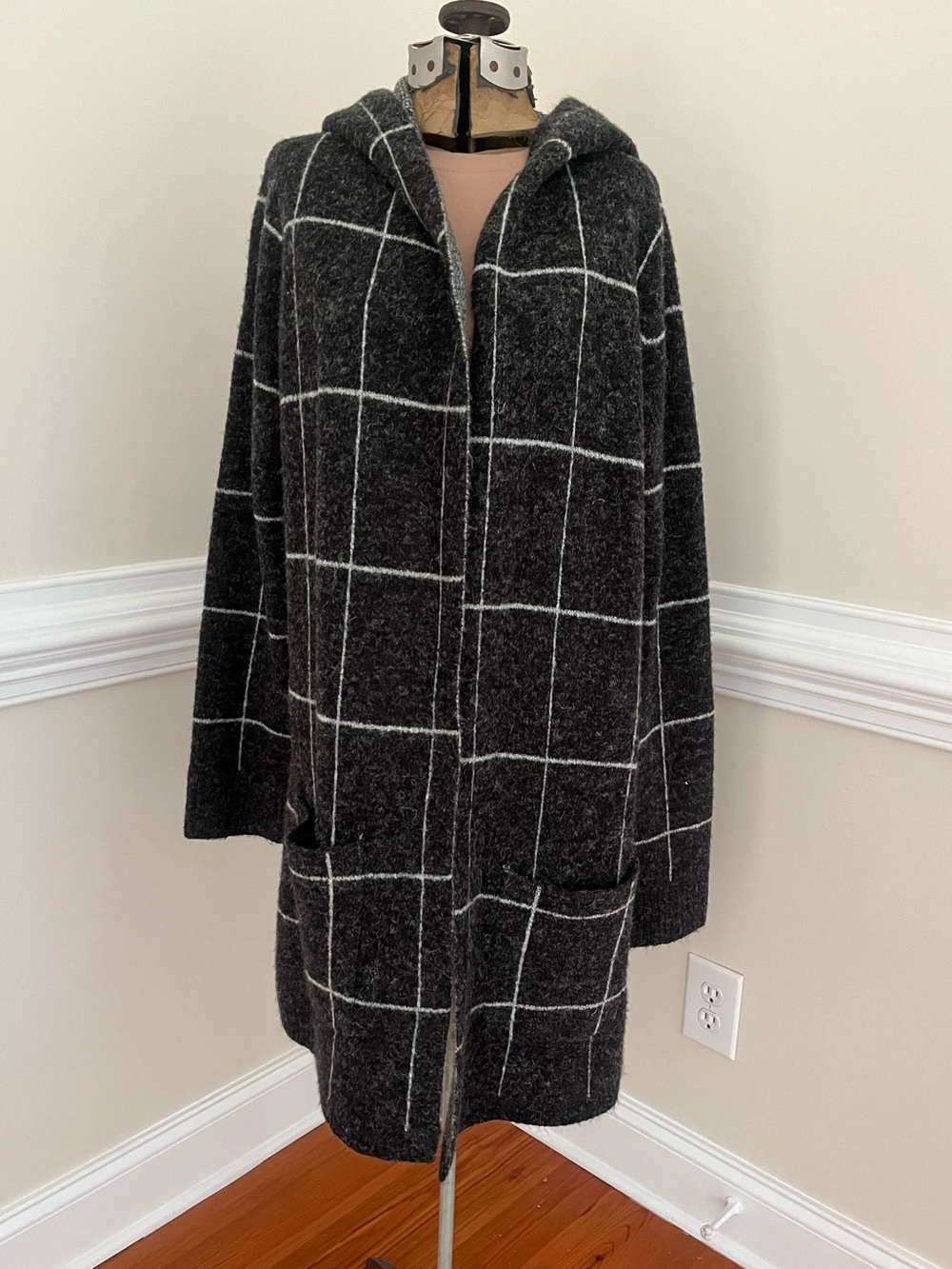Long Charcoal Windowpane Hooded Open-Front Coatigan